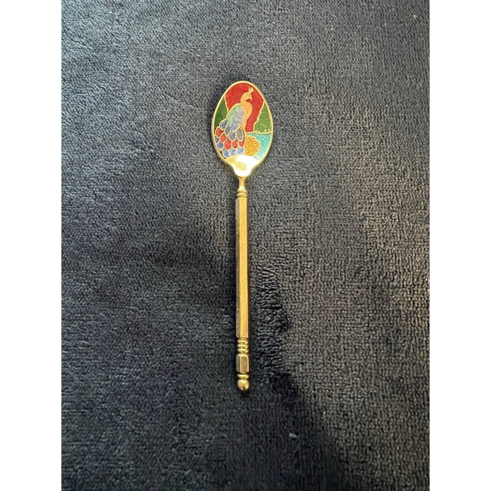 Vintage Demitasse Peacock Cloisonné Spoon Gold Tone Brass Enamel